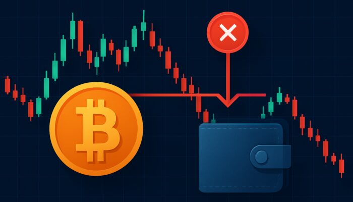 Bitcoin price chart with red stop-loss line triggering sell order in volatile crypto trading.