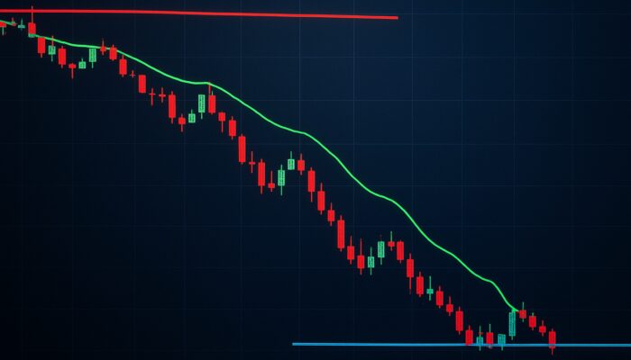 Stock chart with red stop-loss, green trailing stop, and blue limit lines during rapid market drop.