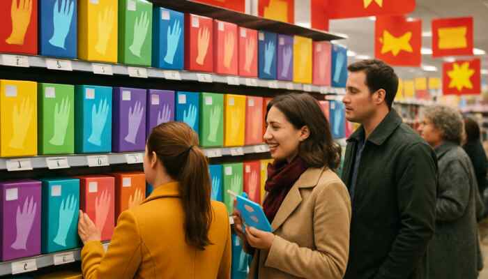 Bustling Lytham St Annes shop with colourful latex glove boxes, prices £5-£15, and eager shoppers comparing options.