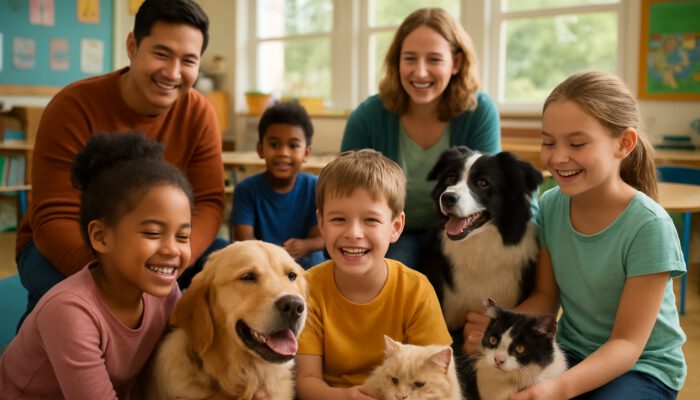 Children and teachers petting therapy dogs and cats in a cheerful classroom, providing emotional support.