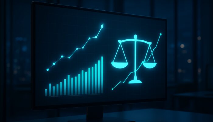Sleek financial dashboard displaying Calmar Ratio, upward-trending stocks, and a risk-return equilibrium in a modern office.