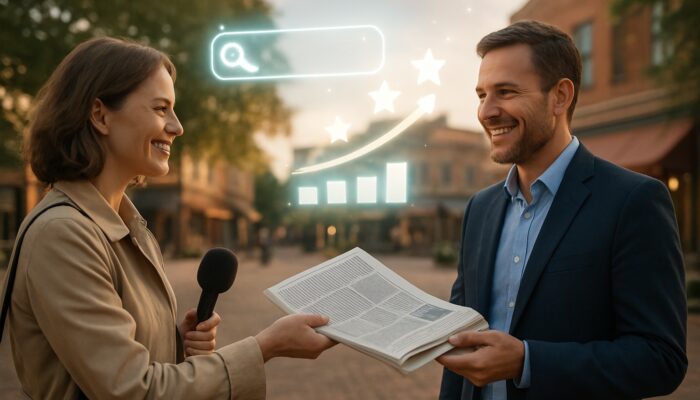 Journalist handing a newspaper to a smiling business owner in a town square with glowing SEO icons
