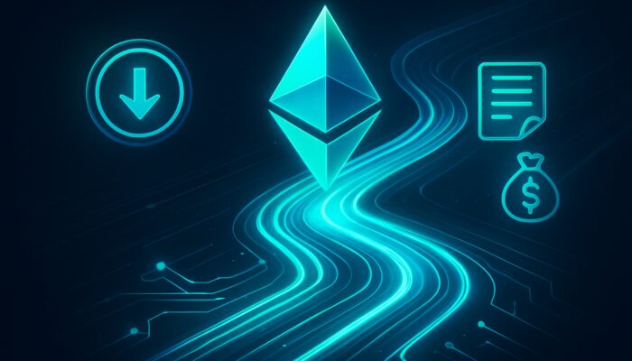 Neon blue-green visualization of plummeting Ethereum gas fees via optimized glowing blockchain pathways.