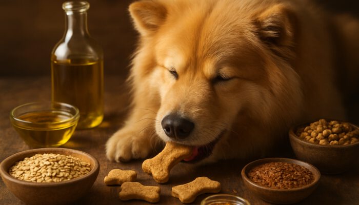 Fluffy dog with shiny coat nibbling hypoallergenic treats drizzled in flaxseed and olive oil on rustic wood.