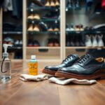A pair of black leather dress shoes is shown resting on white cloths on a wooden floor. Nearby is a bottle of cleaning solution and a cloth, suggesting a necessary care routine. The background features shelves with various shoes in a closet, highlighting when not to condition new leather footwear.