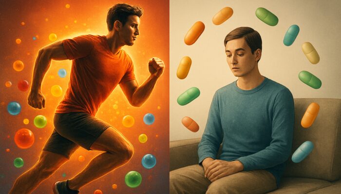 Illustration contrasting a dynamic athlete with antioxidant multivitamins beside a calm sedentary figure with nutrient capsules.