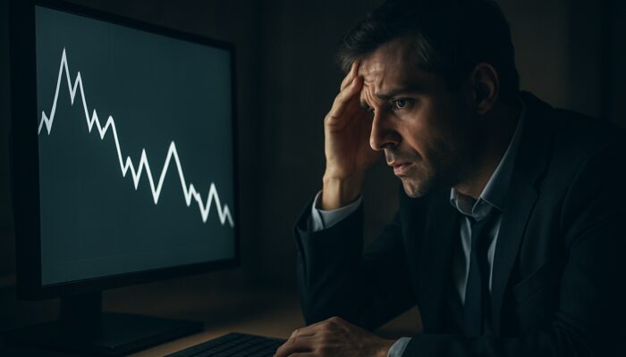 Stressed trader anxiously observing a zigzag chart with false breakouts and whipsaws in dim light