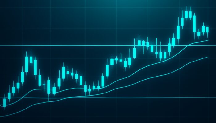 Financial chart with flat moving averages in a sideways market, candlesticks trapped between support and resistance.