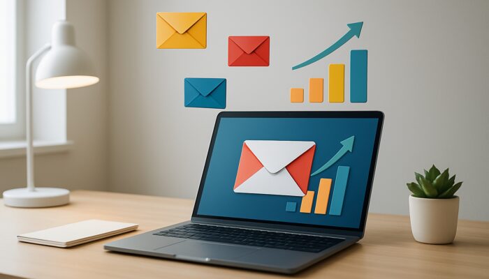 Minimalist workspace with laptop displaying email campaign dashboard and floating envelopes