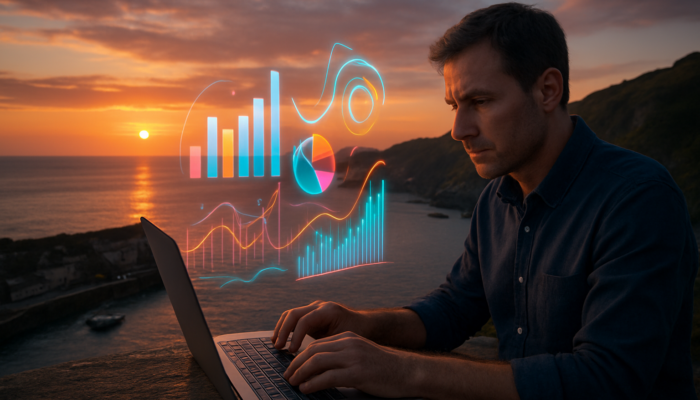 Ilfracombe business owner analysing holographic traffic analytics charts on laptop against a sunset backdrop of Devon cliffs