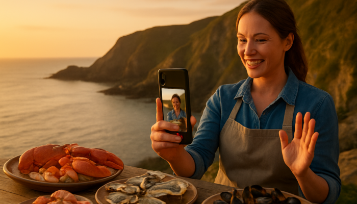 Ilfracombe business owner creating a TikTok video featuring coastal cliffs and seafood at sunset