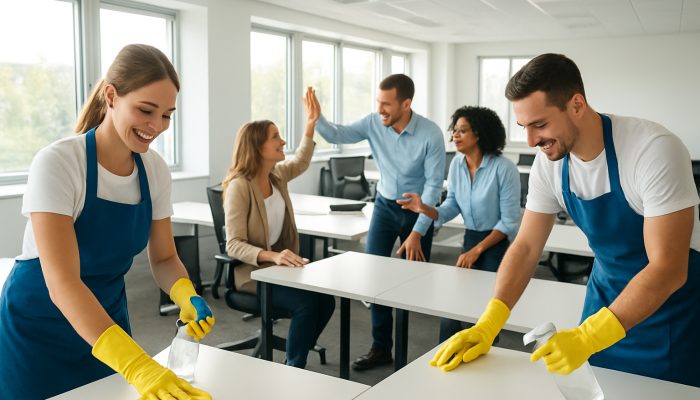 Professional cleaners sanitising a bright modern office, fostering energetic collaboration among employees