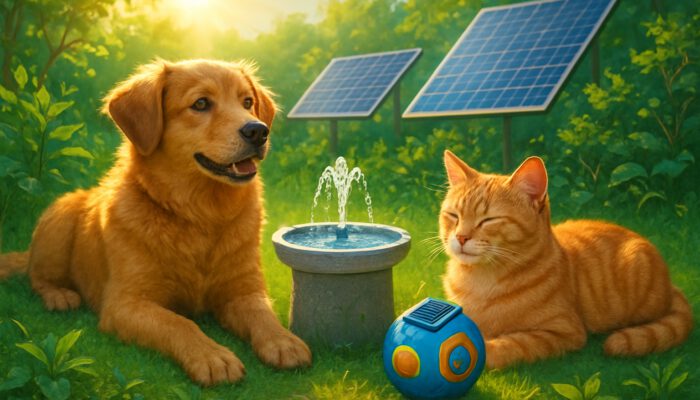 Dog and cat relaxing with solar-powered pet gadgets in a sunny eco-friendly garden with solar panels.