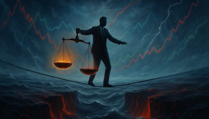 Surreal trader balancing glowing profit scales vs crimson drawdown chasms on stormy market sea with swirling charts