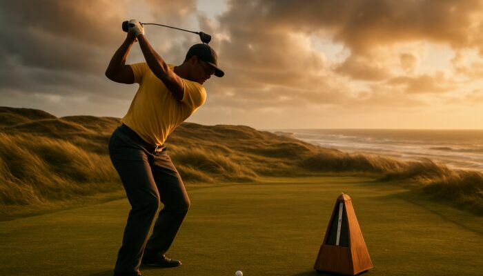 Focused South African golfer mid-swing with metronome on a windy coastal fairway at golden hour