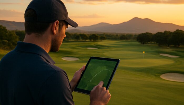 Focused golfer analysing statistics on tablet at Pretoria Country Club fairway with mountains at dusk