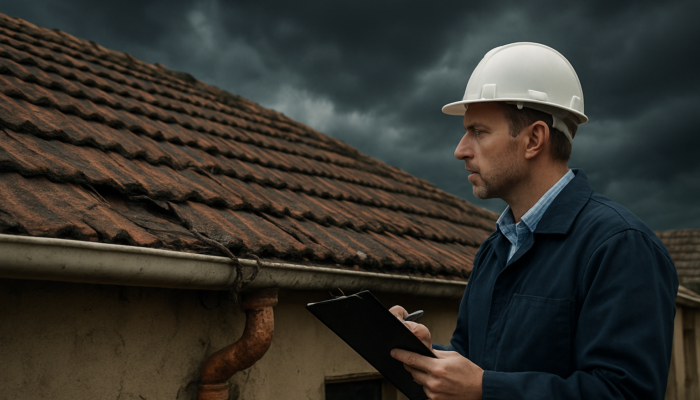Professional inspector examines a cracked roof and exposed wires on an old South African home in Springs under a stormy sky.
