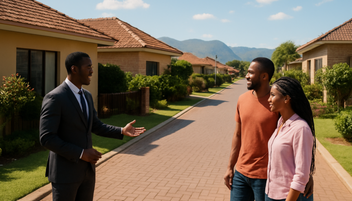 Couple viewing modern homes on a vibrant Thohoyandou street with a real estate agent under a sunny sky.