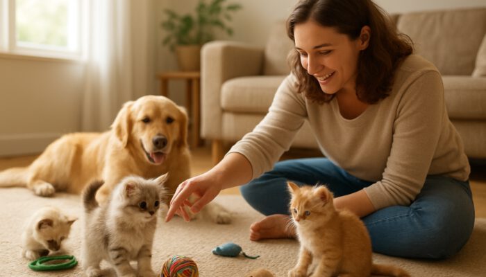 Owner gently plays with curious kittens amid toys in a sunlit room for socialization.