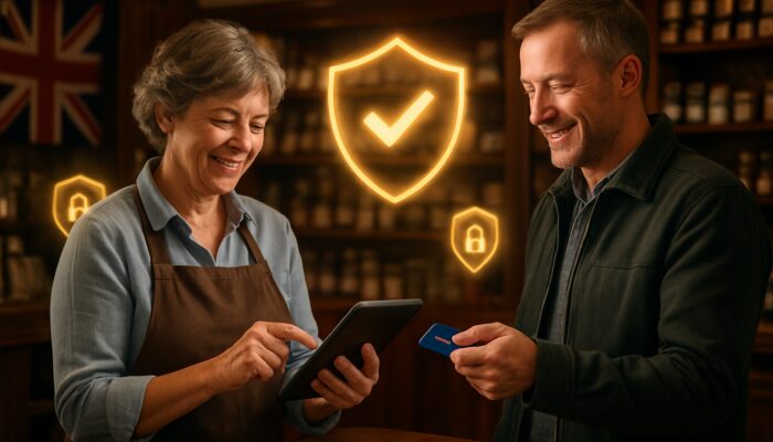 Tiverton shopkeeper processing secure Stripe payment on tablet for smiling local customer