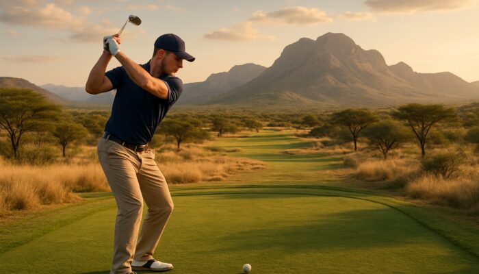 Focused golfer executing a short backswing on a scenic South African savanna mountain course.