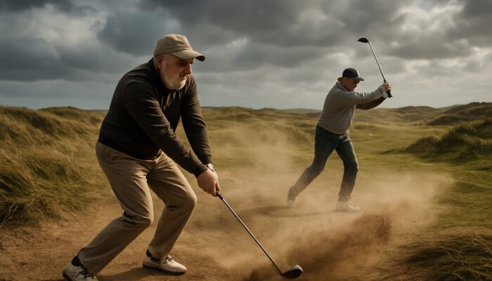 Experienced golfers executing low-trajectory shots on a windy, dusty South African course.
