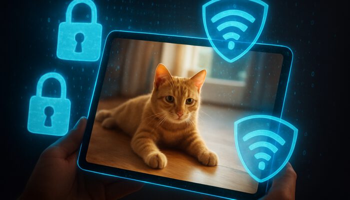 Tablet screen showing encrypted live feed of a cat with digital locks and Wi-Fi shields for secure monitoring