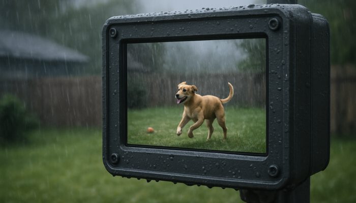 Weatherproof video monitor overlooking a playful dog in a rainy backyard for durable pet surveillance