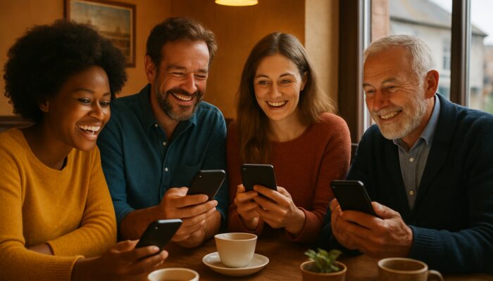 Kingsbridge locals smiling in cozy café during live social media Q&A on smartphones