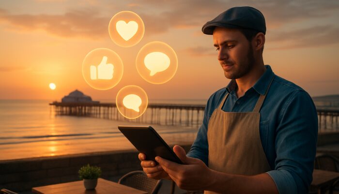 Cafe owner reviewing glowing social media metrics on tablet above Weston-super-Mare pier at sunset