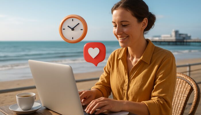 Small business owner organising social media posts on laptop at Weston-super-Mare seaside cafe