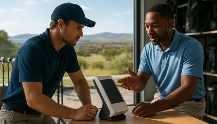 Focused golfer examines launch monitor in sunlit Johannesburg store with Highveld landscape view