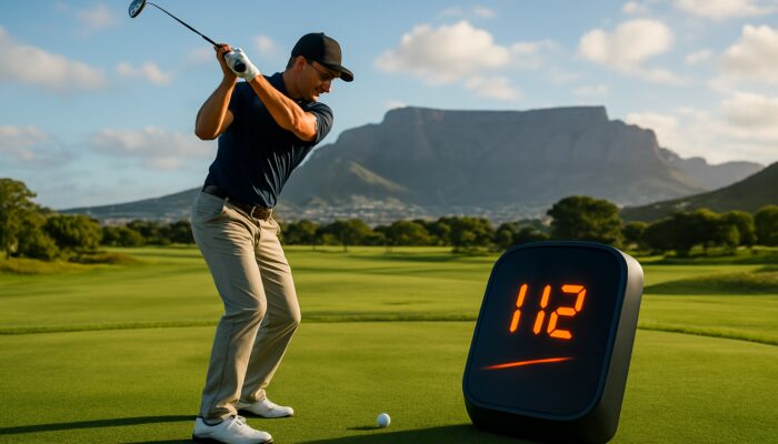 Golfer swinging on Cape Town course with Table Mountain and launch monitor tracking swing speed data