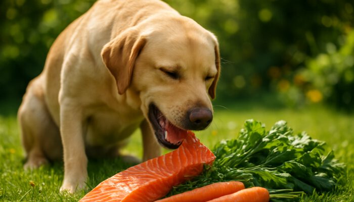 Joyful Labrador enjoying raw salmon and veggies in a sunny garden for natural pet wellness