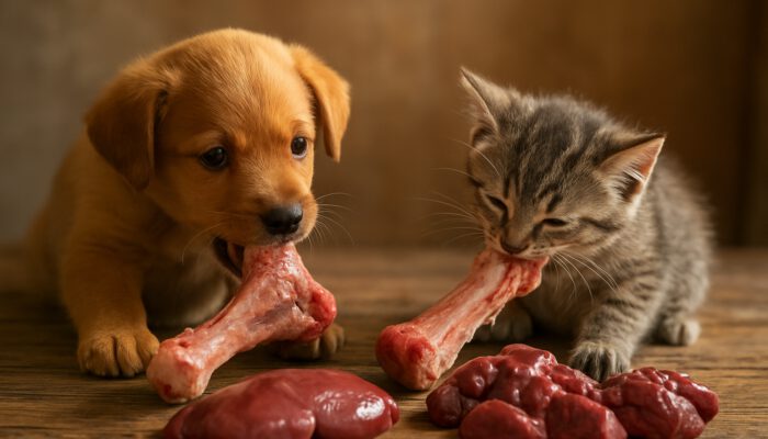 Playful puppy and kitten chewing raw bones alongside organ meats on a wooden table.