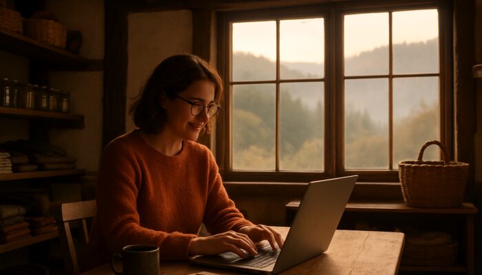 Small business owner blogging on laptop in rustic Lydney shop with misty Forest of Dean views