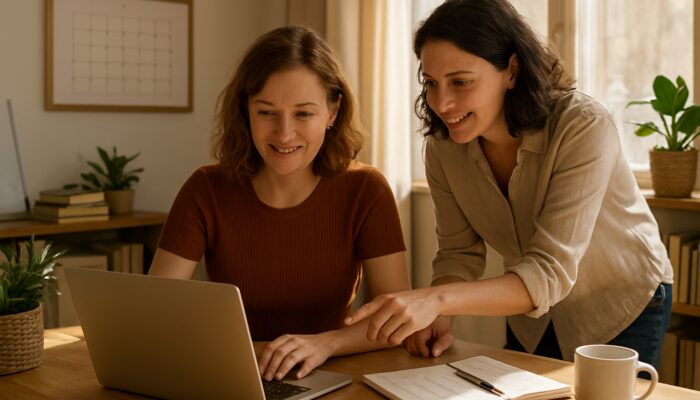 Lydney business owner planning blog posts on laptop with local expert in sunlit office