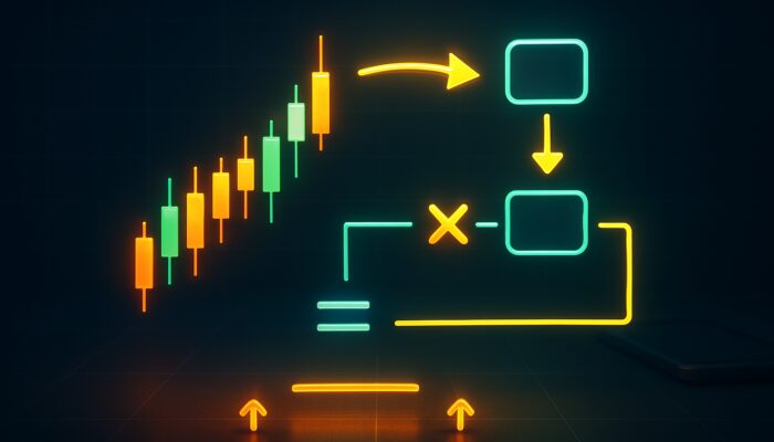 Illuminated candlestick chart displaying ATR calculation steps, directional arrows, and true range computations