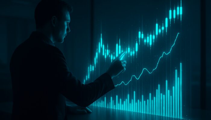 Trader adjusting short ATR timeframes on holographic candlestick charts with visible volatility spikes in a dimly lit office.