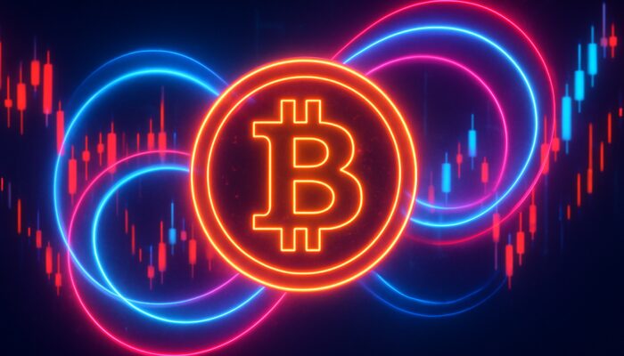 Neon Bitcoin coin inverting amid crashing candlestick charts in volatile crypto market dynamics