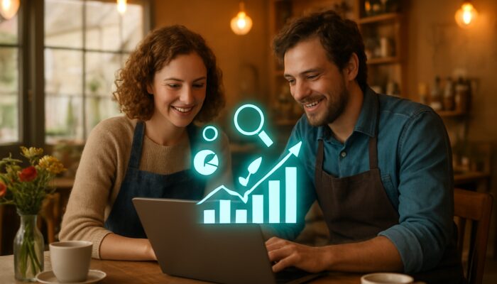 UK shop owners collaborating on Google Search Console SEO tips in a cozy village cafe.