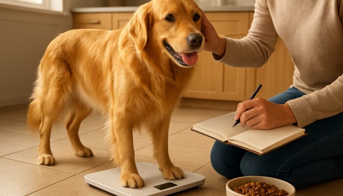 Owner weighs energetic golden retriever on a scale while checking its coat in a sunlit kitchen