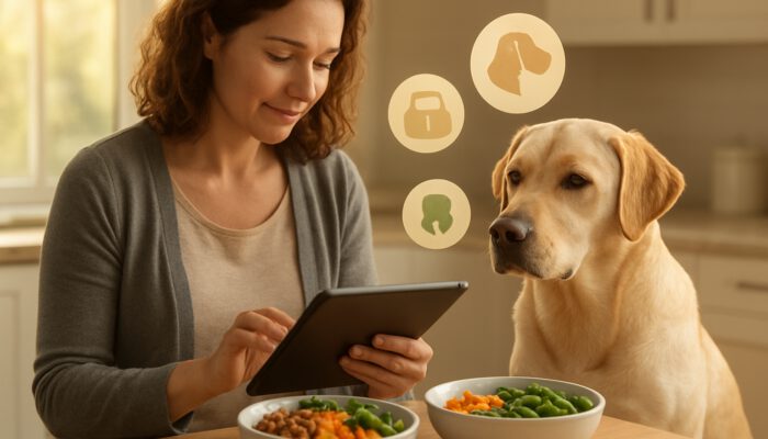 Owner reviews Labrador health data on tablet next to tailored nutrition bowls in a kitchen