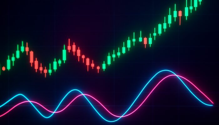 Dynamic trading screen with Trix indicator glowing crossovers, divergences, and rising price candles in neon interface.