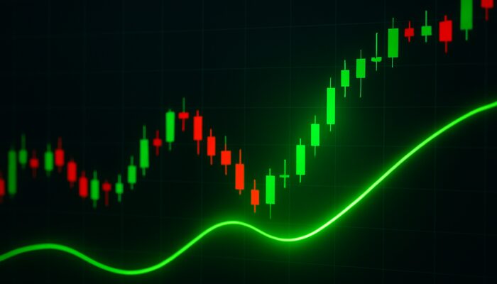 Trading chart with green Trix line crossing above zero amid candlesticks for bullish buy signal