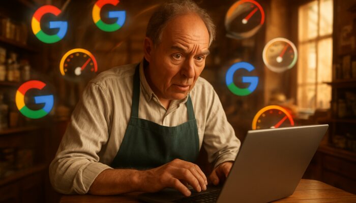 British shopkeeper anxiously optimising mobile site speed on laptop amidst Google icons in a village store
