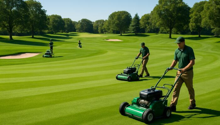 Groundskeepers mowing and aerating lush emerald greens at prestigious golf club under clear sky