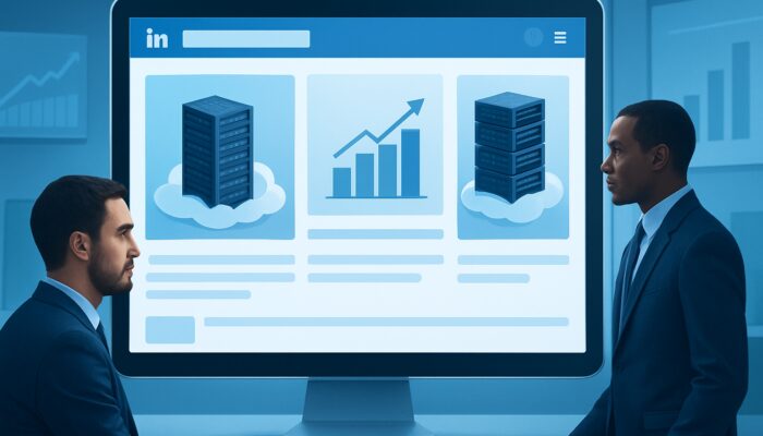 LinkedIn interface showcasing B2B cloud hosting ads with server racks and conversion metrics in a blue workspace.