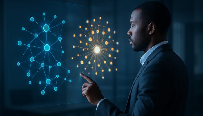 Analyst examining holographic LinkedIn audience maps highlighting enterprise clusters in B2B hosting visualisation