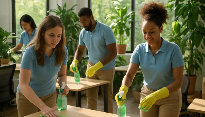 Diverse team utilizing biodegradable sprays in a bright Trent office surrounded by greenery for sustainable cleaning.